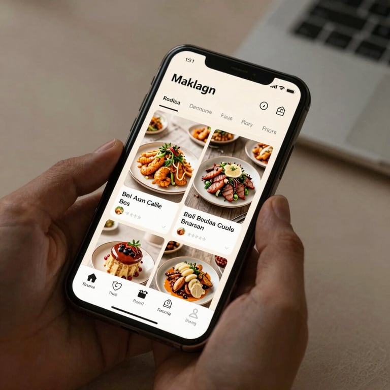 Social media interface on a smartphone showing professional food content, cream and dark brown palette.
