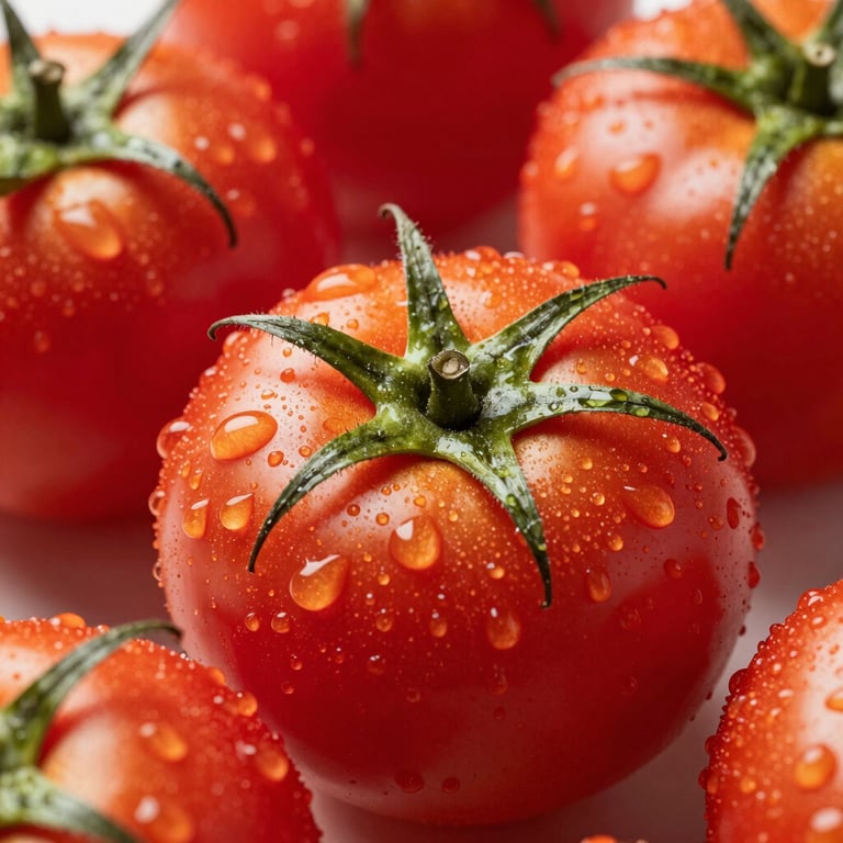 Detailed macro shot of fresh red tomatoes with water droplets, vibrant and fresh.