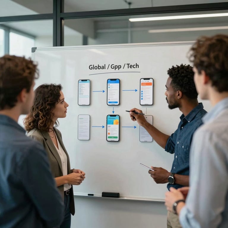A group of diverse tech professionals in a Global / Tech Industry office discussing a mobile app layout on a whiteboard.
