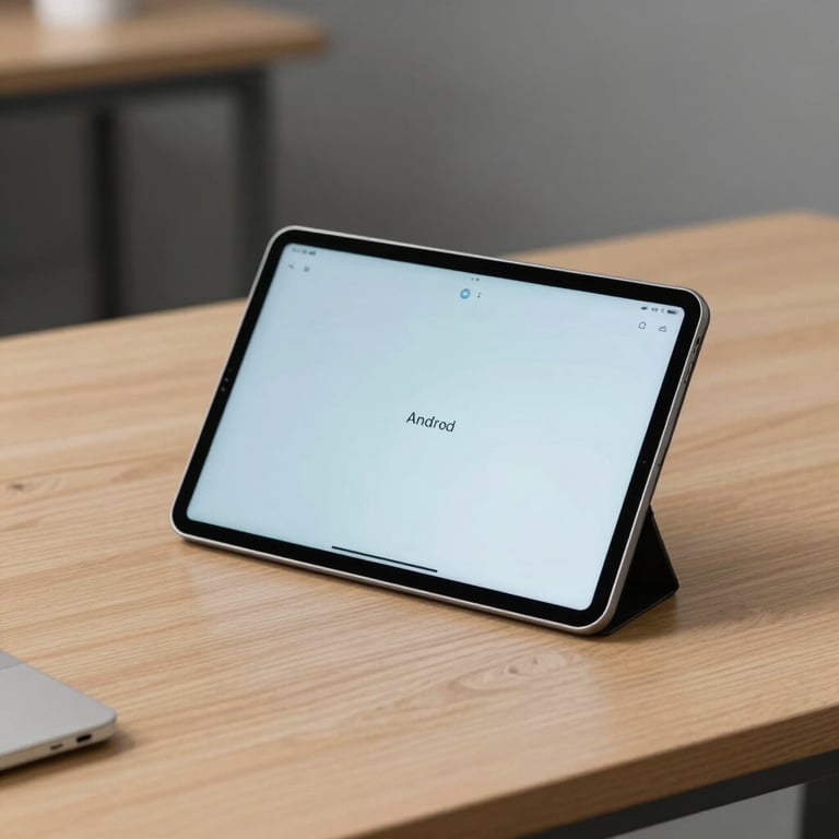A minimalist desk setup in a Global / Tech Industry studio featuring an Android tablet with pale mist blue UI elements.