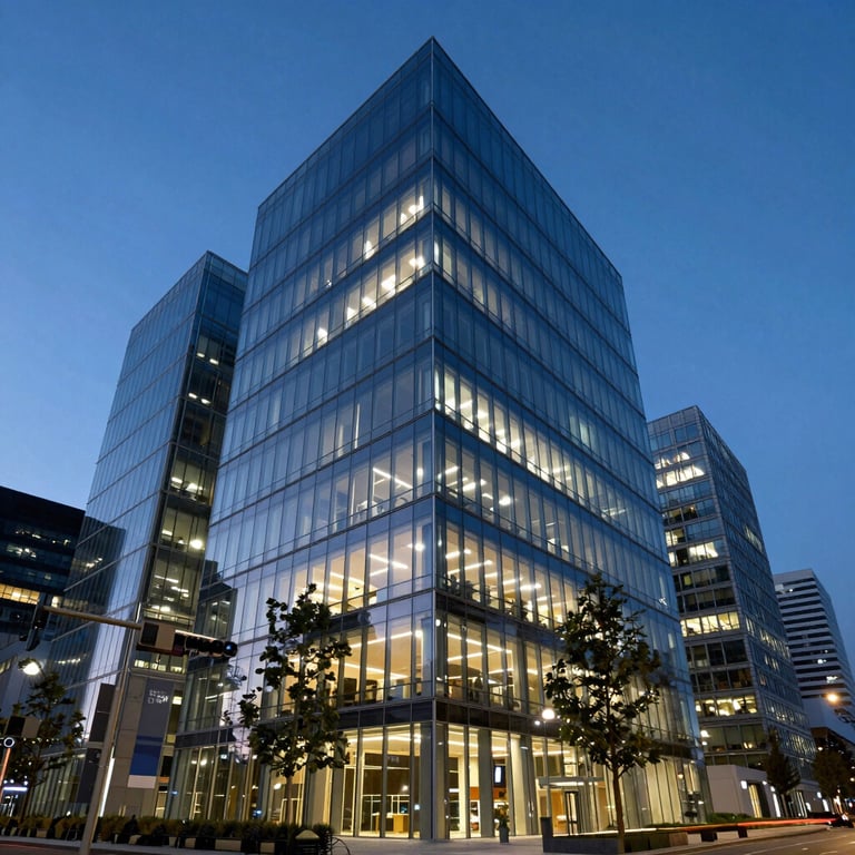 A wide shot of a modern glass-walled office building in a Global / Tech Industry city at dusk, with deep sky blue interior lighting.