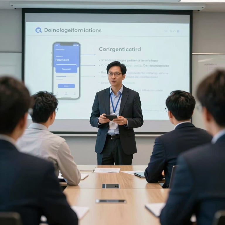 A professional presenting a successful mobile project to a team in a bright Global / Tech Industry conference room.