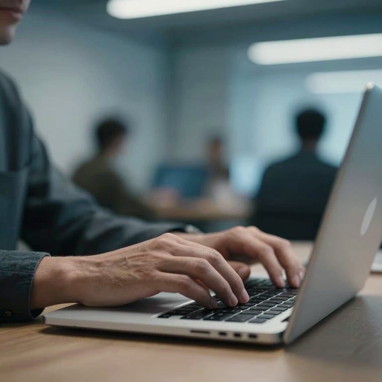 A close-up of a developer's hands typing on a laptop with soft muted blue ambient lighting in a Global / Tech Industry co-working space.