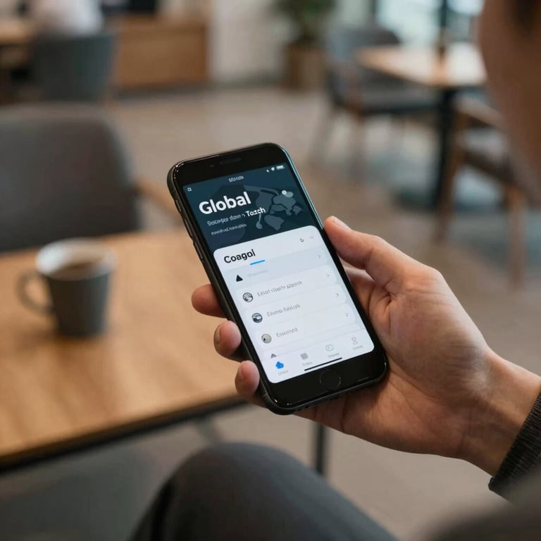 An overhead shot of a person using a mobile app in a comfortable Global / Tech Industry lounge area, emphasizing usability and enjoyment.
