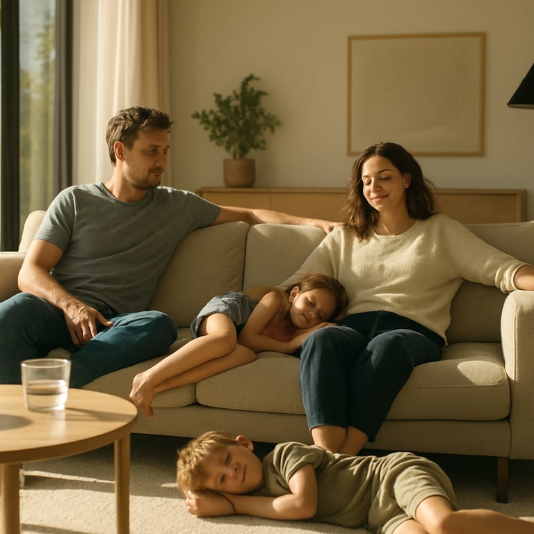 A family relaxing in a comfortable, sun-drenched modern living room, representing thermal comfort.