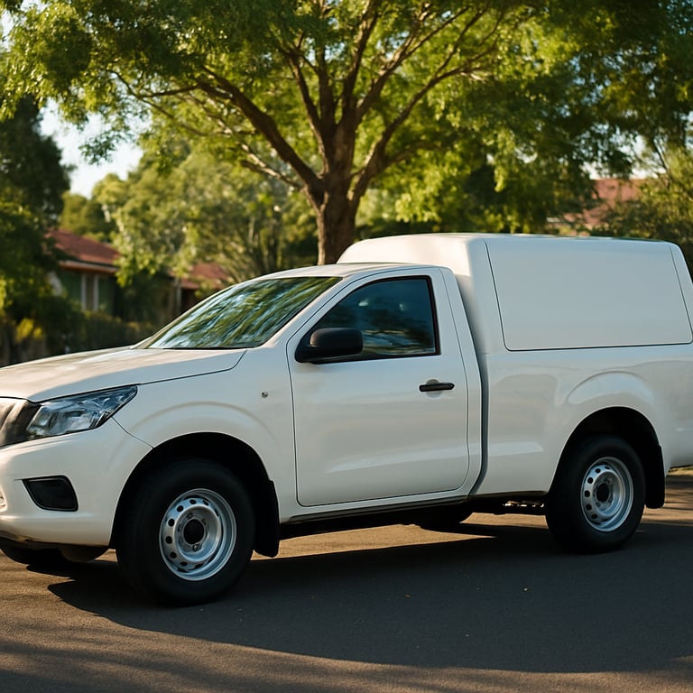 A clean, branded company service vehicle parked in a bright, leafy Australian suburban street.