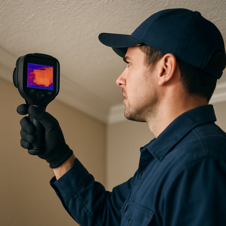 A professional technician using a thermal imaging camera to check for heat leaks in a residential ceiling.