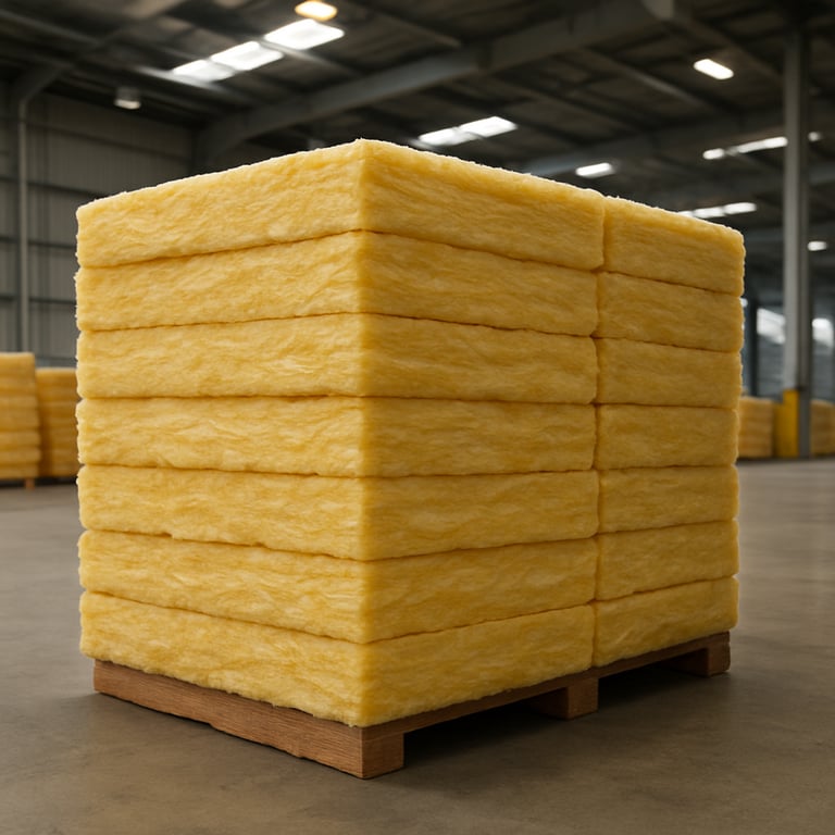 A stack of premium glasswool insulation batts in a bright, organized Australian warehouse setting.