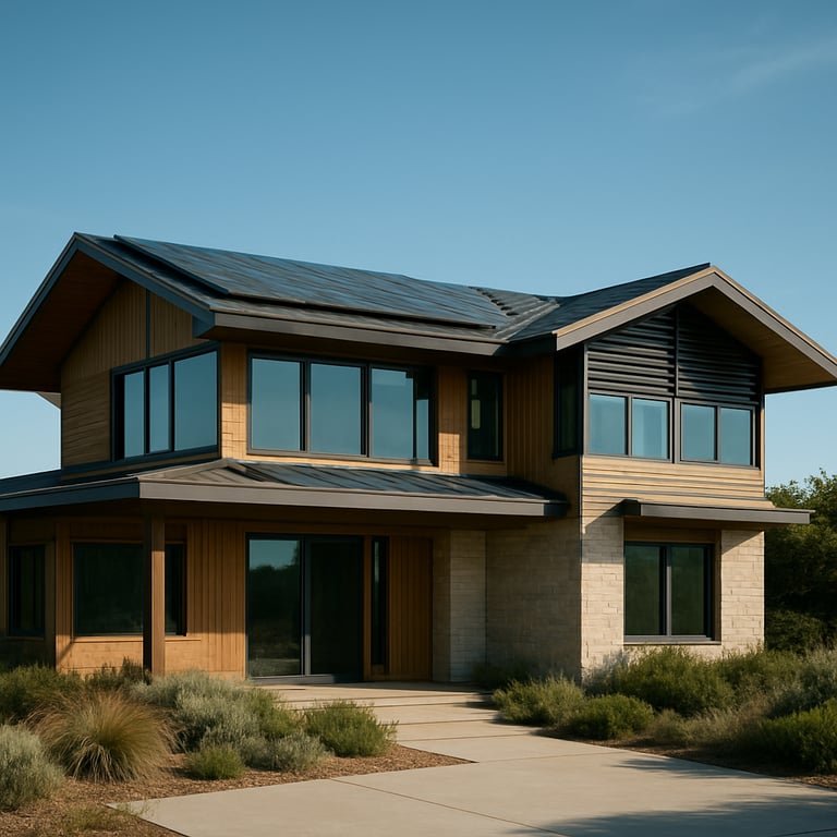 Exterior of a modern Oceanic home showing energy-efficient architectural features under a clear blue sky.