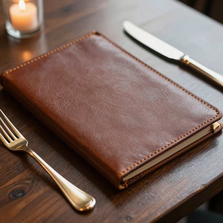 Close-up of a luxury leather-bound menu resting on a dark wooden table next to a polished brass fork and knife, warm candlelight reflection.