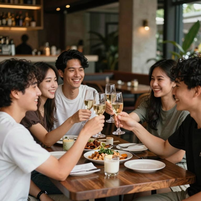 A group of friends in a stylish Southeast Asian lounge celebrating a win together.