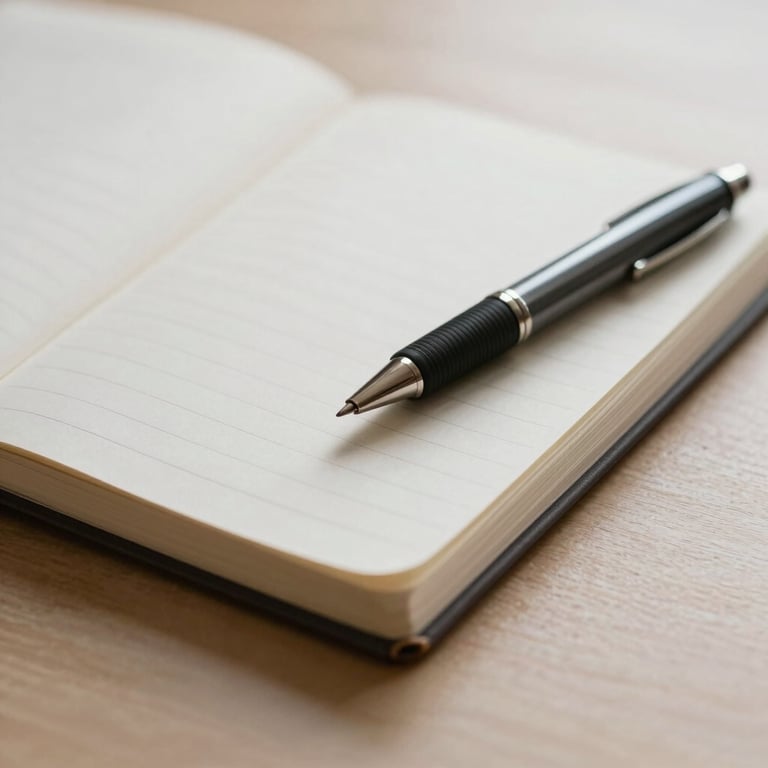 A close-up of an open notebook with a pen on a light wood surface, reflecting a calm study environment in soft off-white and charcoal.