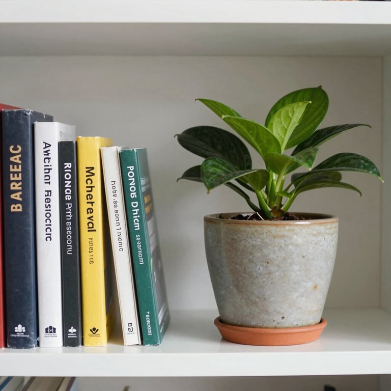 Detail of a green plant in a ceramic pot next to a stack of educational research books on a clean white shelf.
