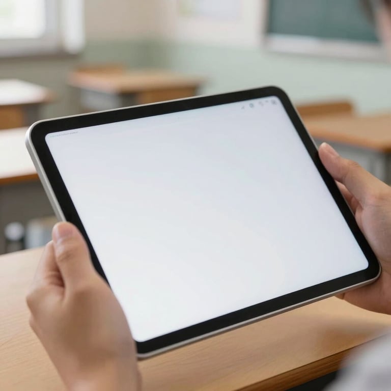 Close-up of a hand using a digital tablet displaying a clean, white screen in a bright, airy classroom setting.