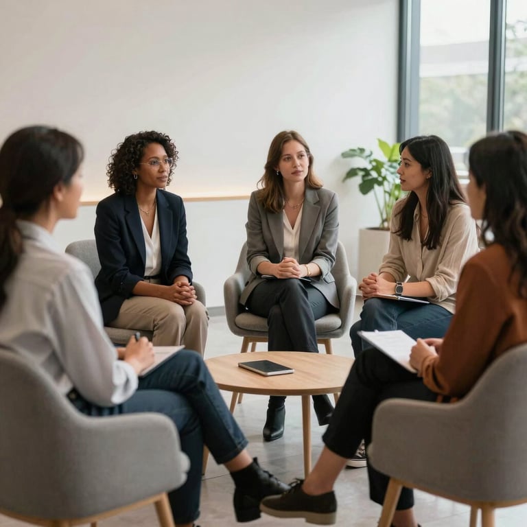 A candid, professional shot of a diverse group of educators talking in a bright, modern lounge with minimalist furniture.