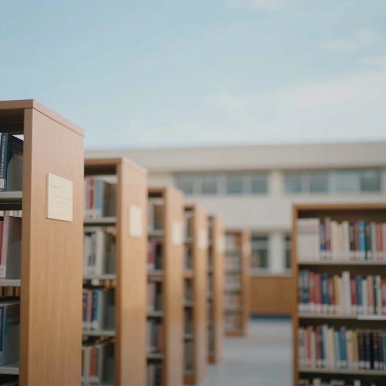 Soft-focus background of a school library with clean lines and a palette of muted almond and soft sky blue.
