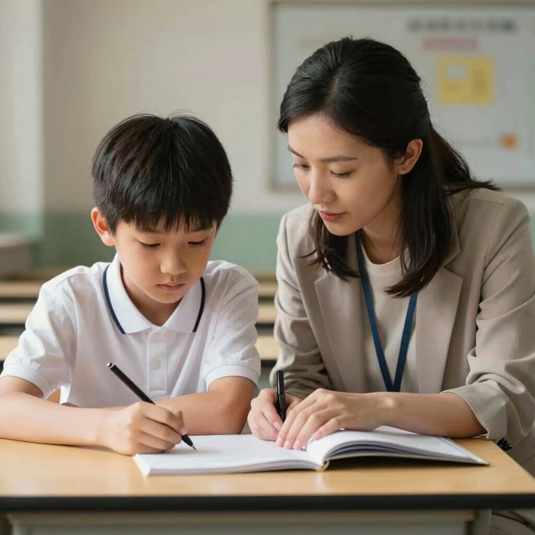 A teacher and a student sitting together at a low table, both focused on a task, captured in a warm, natural light setting.