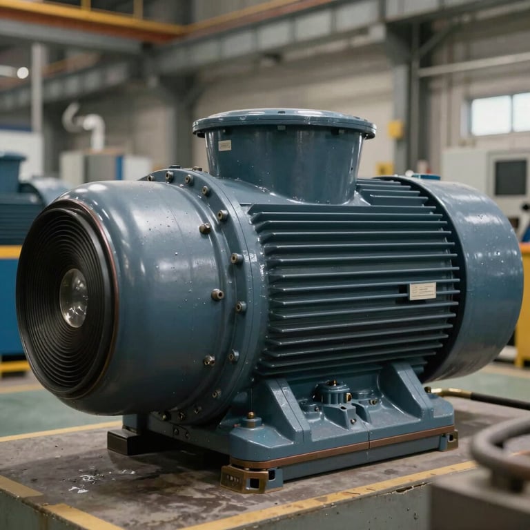 Maintenance work on a large industrial motor in a factory setting with dark blue and grey tones.