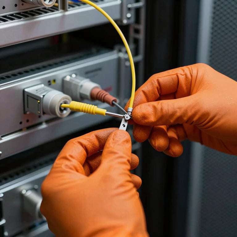 A close-up of a technician's hands in orange gloves carefully splicing fiber optic cables in a professional French server room.