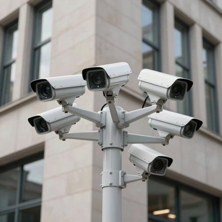 A professional European / French commercial building equipped with high-tech security cameras and monitoring systems.
