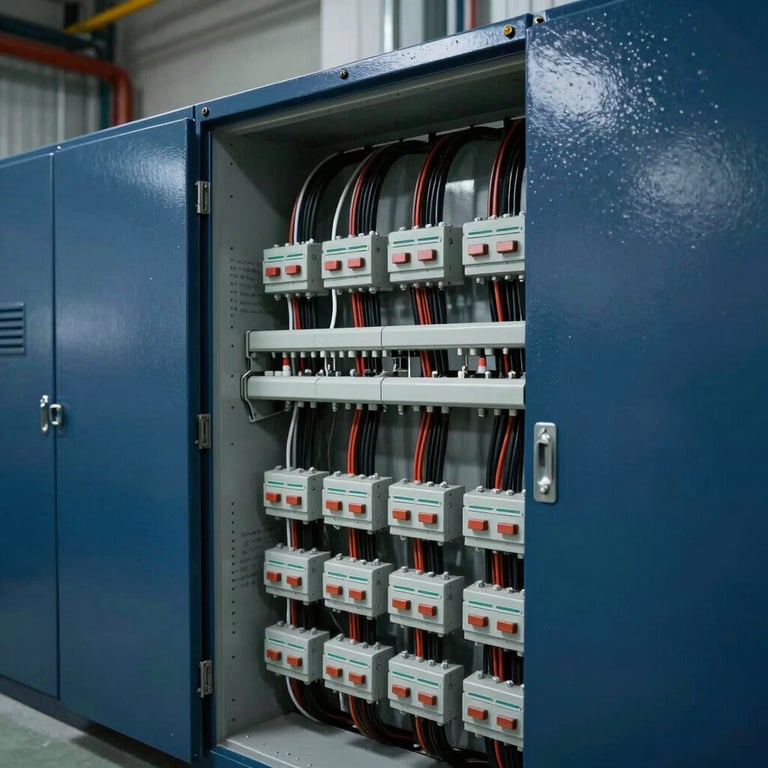 An industrial electrical room with organized cables and dark blue switchgear cabinets.