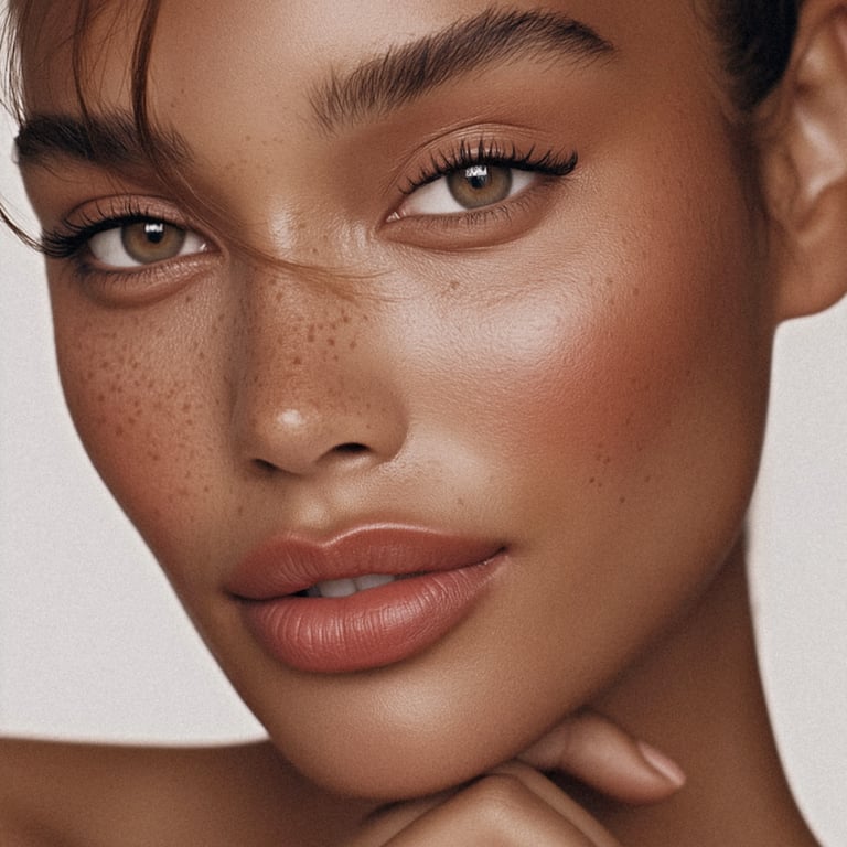 Close-up of a woman with natural glowy makeup, freckles, and long lashes for a beauty editorial look.