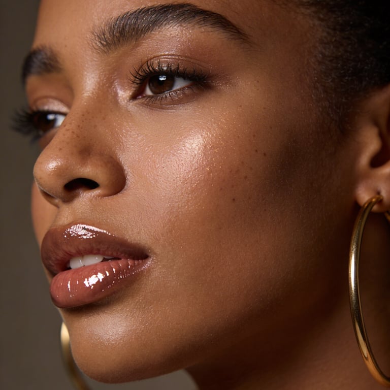 Close-up of a woman with glowing dewy skin, glossy brown lips, and gold hoop earrings.