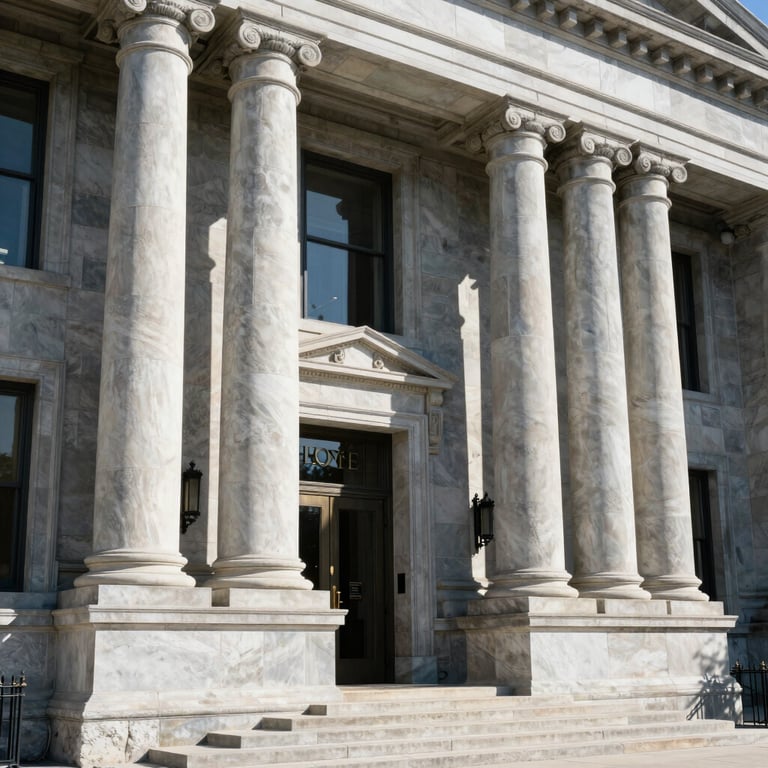 The stone pillars and entrance of a historic North American courthouse on a bright, clear day, conveying authority and permanence.