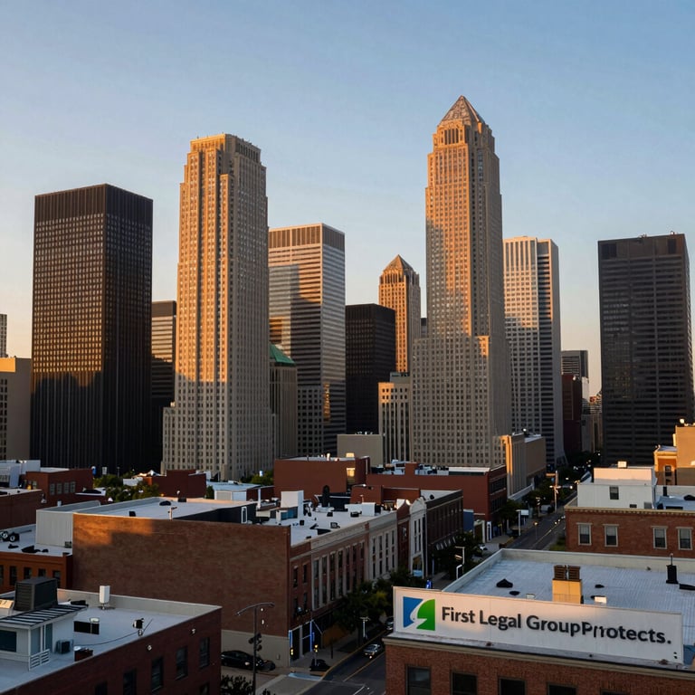 A cityscape of a North American commercial district at golden hour, representing the stability and growth First Legal Group protects.