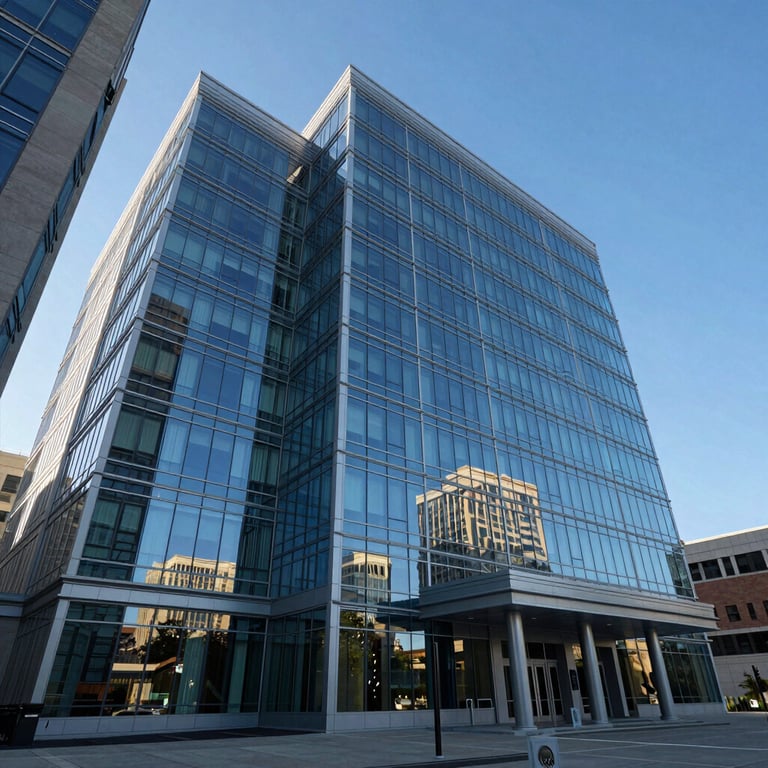 A wide architectural shot of a modern glass courthouse in the United States reflecting the clear blue sky, emphasizing transparency and law.