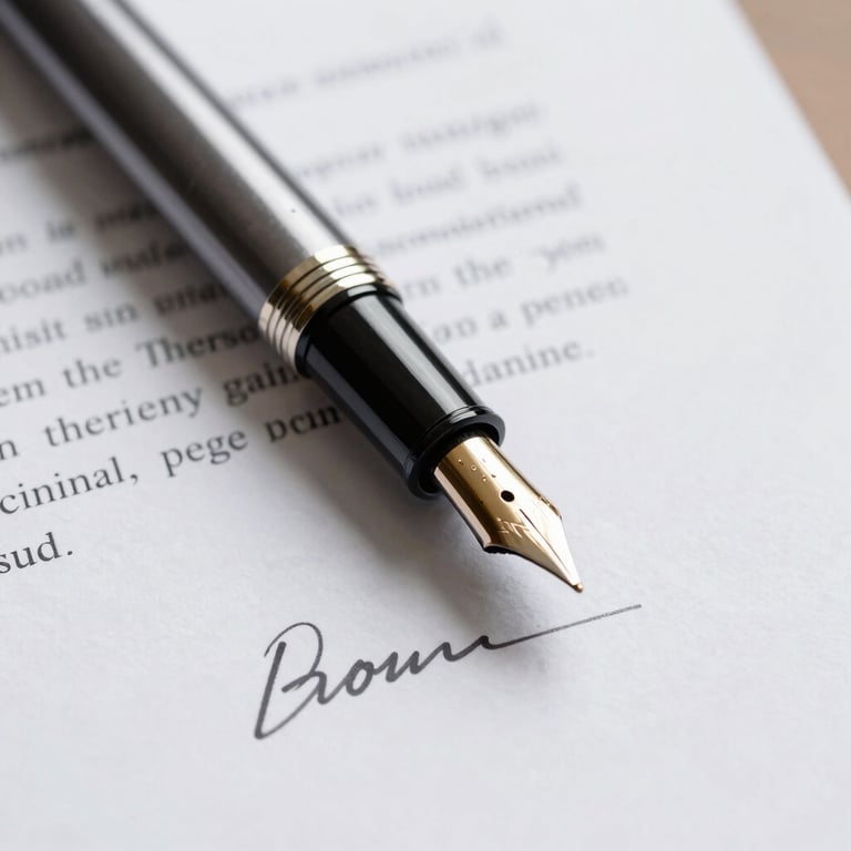 A detailed close-up of a high-end fountain pen resting on a signed legal document within a professional corporate setting in the US.