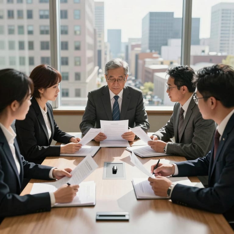 A professional North American legal team meeting in a sunlit conference room with a view of a city center, reviewing documents together.