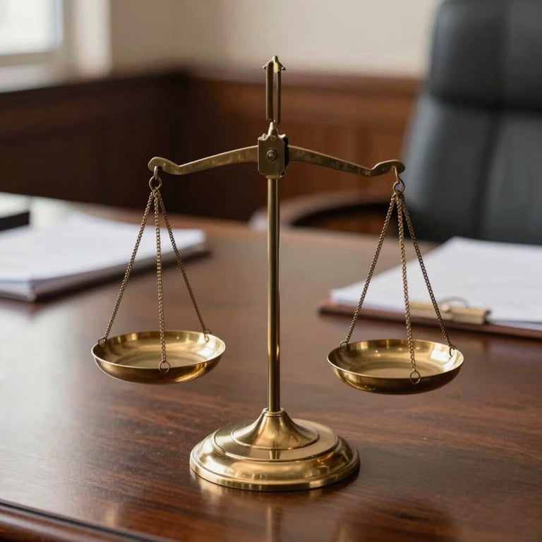 A close-up photograph of brass scales of justice resting on a polished mahogany desk in a North American law office, soft morning light.