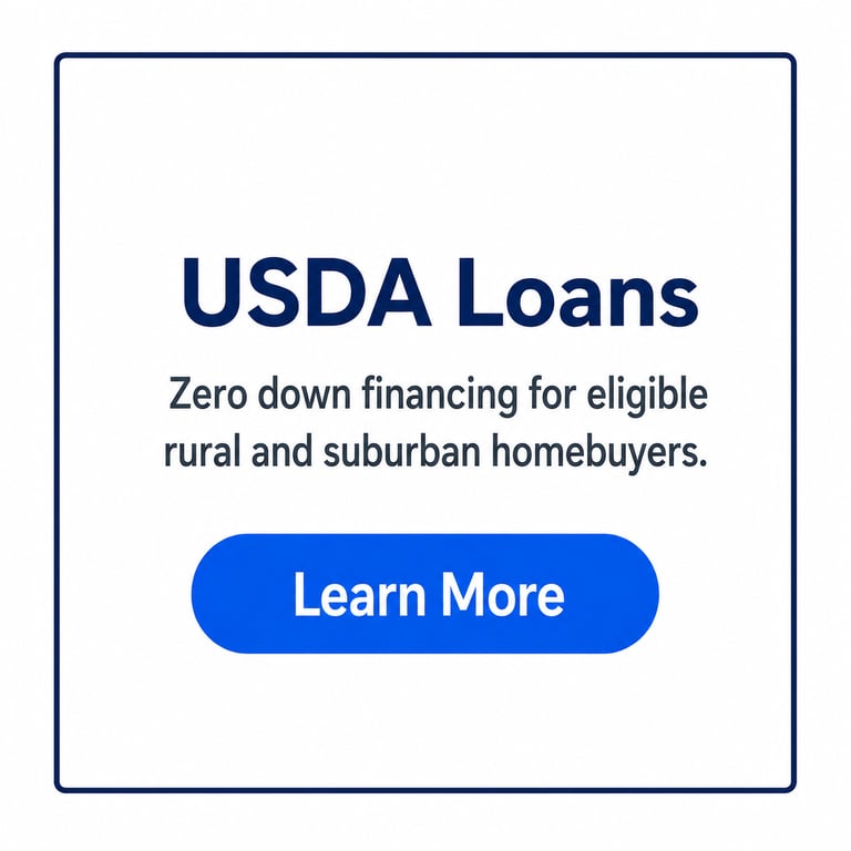 USDA Loans graphic offering zero down financing for eligible rural and suburban homebuyers.