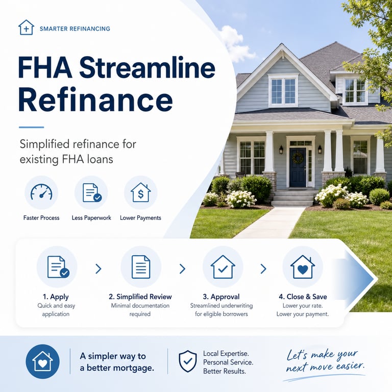Infographic showing the FHA Streamline Refinance process for homeowners with a suburban house background.