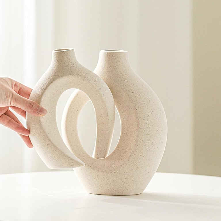 Minimalist interlocking cream ceramic vase set on a white table for modern home decor.