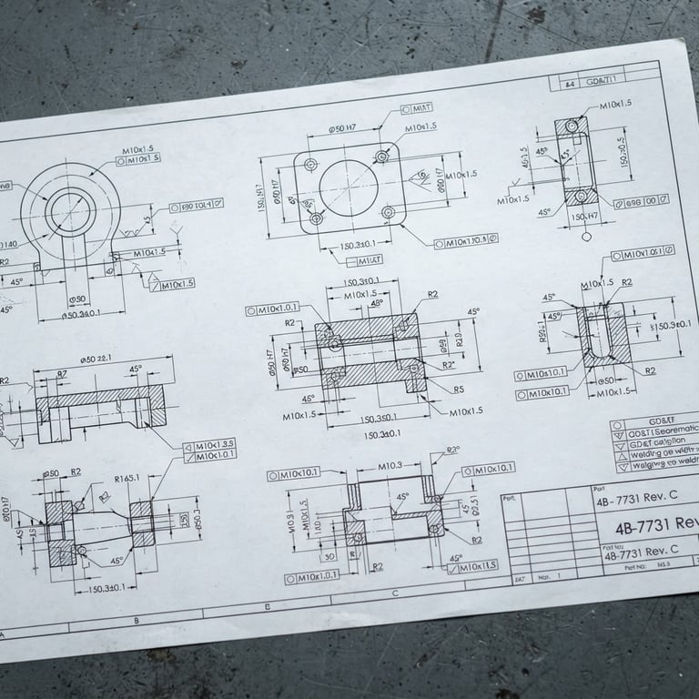 A crisp macro photograph of a technical spec sheet lying on a clean slate-gray factory workbench, cool natural daylight, sharp focus on engineering schematics.
