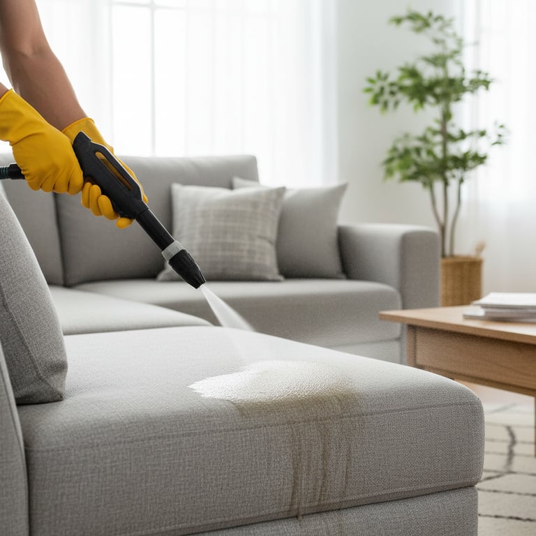a person cleaning a couch with a vacuum cleaner