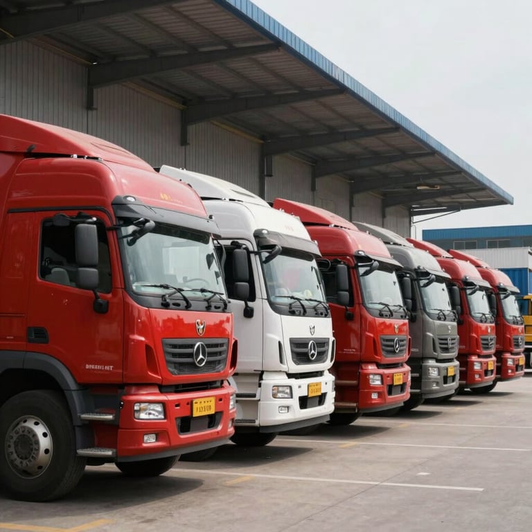 A fleet of red and white cargo trucks lined up at a modern South Asian logistics terminal.