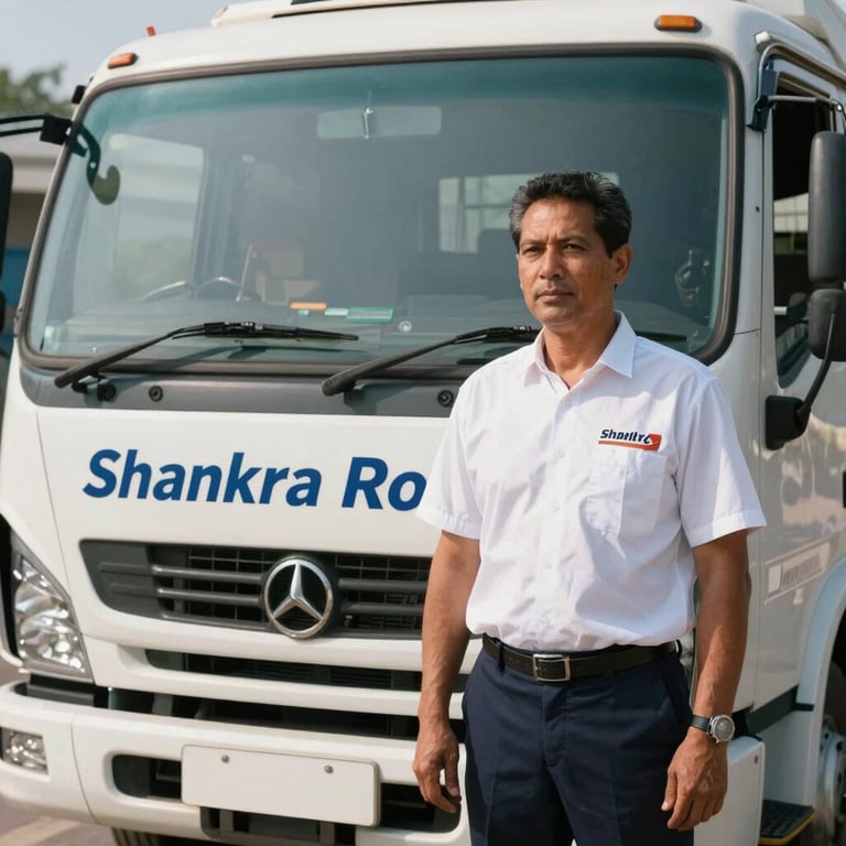 A professional driver in a clean uniform standing confidently next to a Shankra Roadlines transport truck.