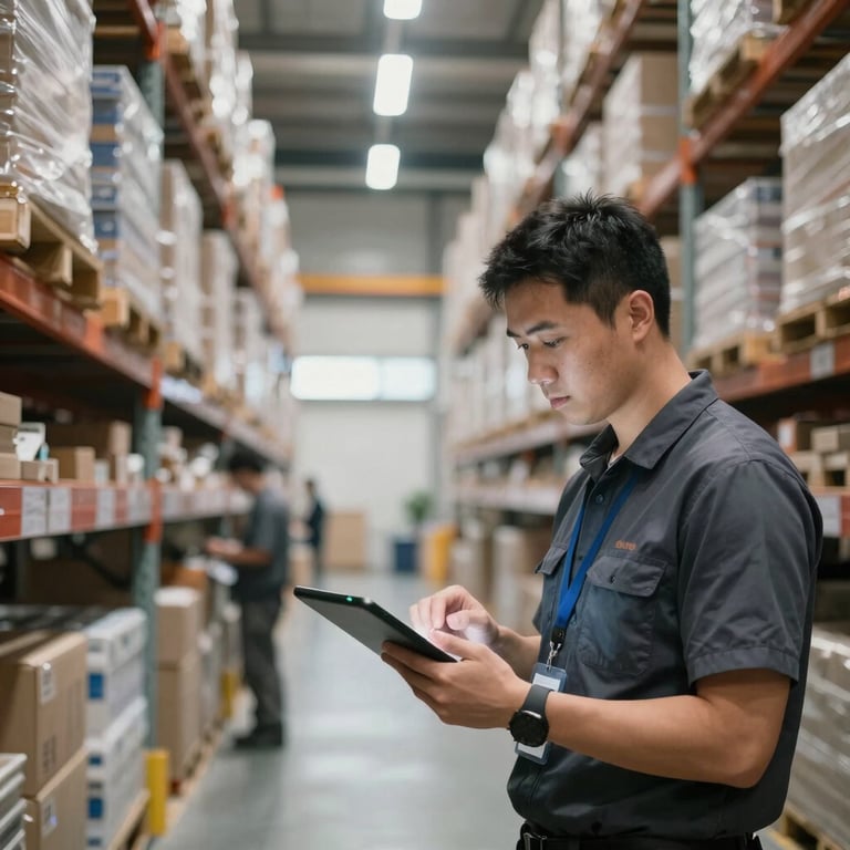Interior of a large, high-tech warehouse with workers using tablets for inventory management.