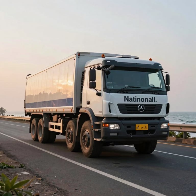 A heavy-duty truck driving through a coastal highway in India during sunrise, showcasing national reach.