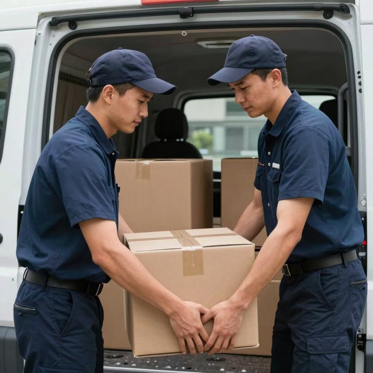 Staff in professional uniforms carefully loading cardboard boxes into a clean transport vehicle.