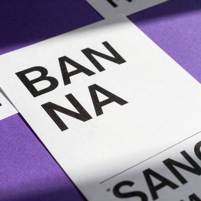 Flat lay of printed modernist brand guidelines, bold black typography on pure white paper, vibrant purple accent pages, sharp daylight shadows