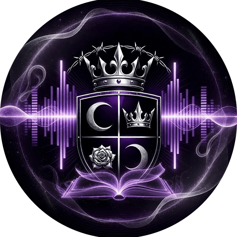 Vaeloria's crest of 2 moons, a crown and rose set in a shield with wings. a crown under barbed wire sit at the top
