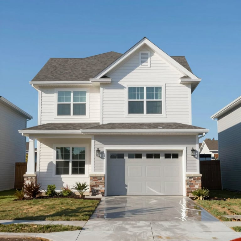 A low angle shot of a clean, modern suburban house after a full house wash. The siding is gleaming. Sky is clear blue. Brand palette colors reflected in shadows.