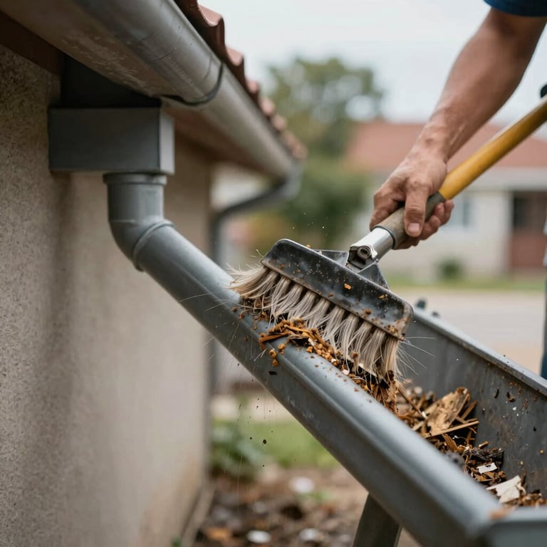Detailed shot of a gutter system being cleared and cleaned. Professional tools visible. Focused on the meticulous removal of debris.