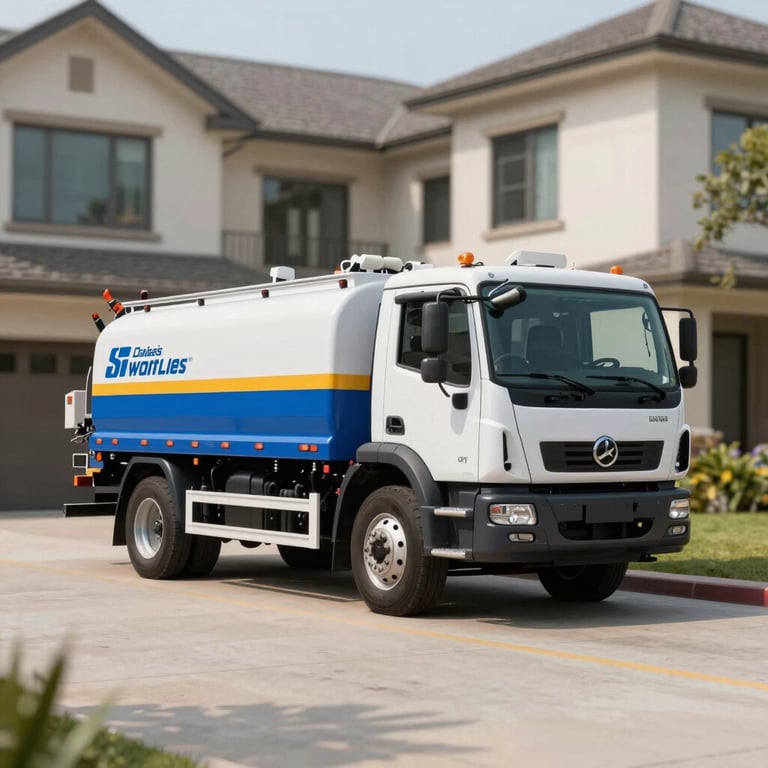 A professional pressure washing truck parked neatly in front of a beautiful property, featuring the brand's navy and blue colors on the equipment.