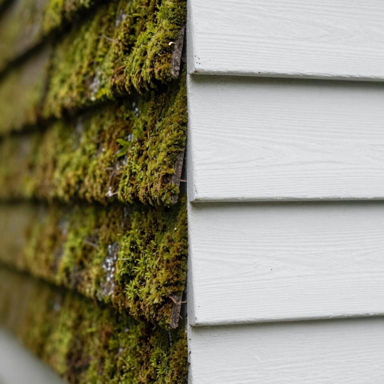 A close-up of house siding showing the difference between moss-covered and perfectly clean sections. Sharp focus, clean aesthetic.