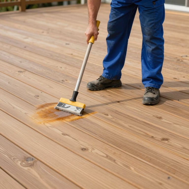 A wide shot of a technician cleaning a large wooden deck. The wood grain is appearing fresh and bright as the grime is removed.